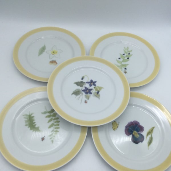 Williams Sonoma Exclusive Summer Studies Set of 5 Salad Plates / Various Leaves, Flowers & Insects  / Japan / Discontinued