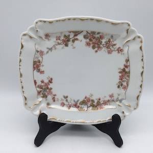 Antique Haviland and Co. Limoges France Scalloped Rectangular  Tray / Pink Flowers  on the Vine/  Blue Green Leaves / 1876-1889
