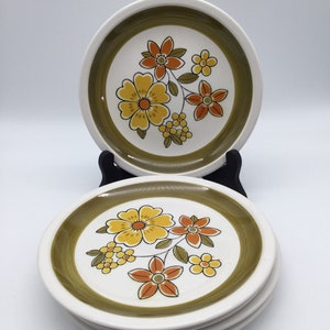 Set of 5 Salad  Plates / MCM Mikasa Cera Stone / Awake / D1451 / Japan / Large Yellow and Rusty Orange Flowers with Olive Green Leaves