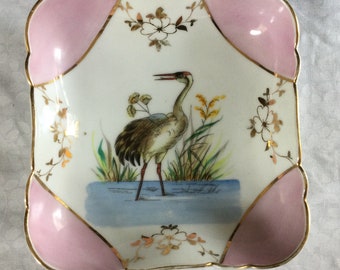 Antique Zeh Scherzer & Co. Handpainted Pink Crane Square Serving Bowl / Bavaria 1882-1921