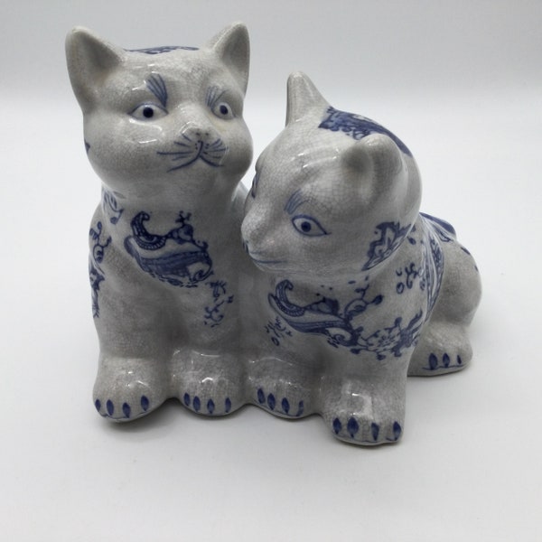 Vintage Formalities by Baum Blue Chinoiserie Large Pair of Cats / Kittens Figurine