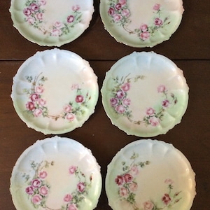 Antique Rosenthal Claire/ Bavaria Germany / Set of 6 Handpainted Dessert / Bread and Butter Plates / Pink Roses / 1891-1906 / 2 imperfect