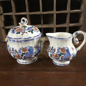 Vintage Gien France Delft Colorie / French Faience Rooster Pattern /Covered Sugar and Creamer / Early Backstamp