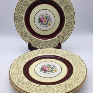 Antique Johnson Brothers Pareek Set of 5 Dinner Plates / Gold Design / Maroon Band / Floral Center