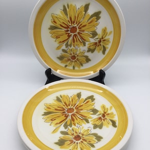 Set of 4 Dinner Plates / MCM Mikasa Cera Stone / Daybreak  / D1351 / Japan / Large Yellow Flowers