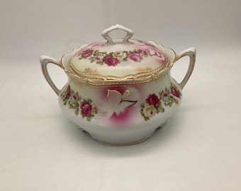 Antique PK Silesia Cracker / Biscuit Jar / Pink & White Roses / 1886-1914