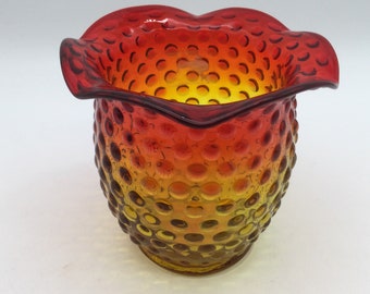 Vintage Amberina Hobnail Ruffled Vase / Glows