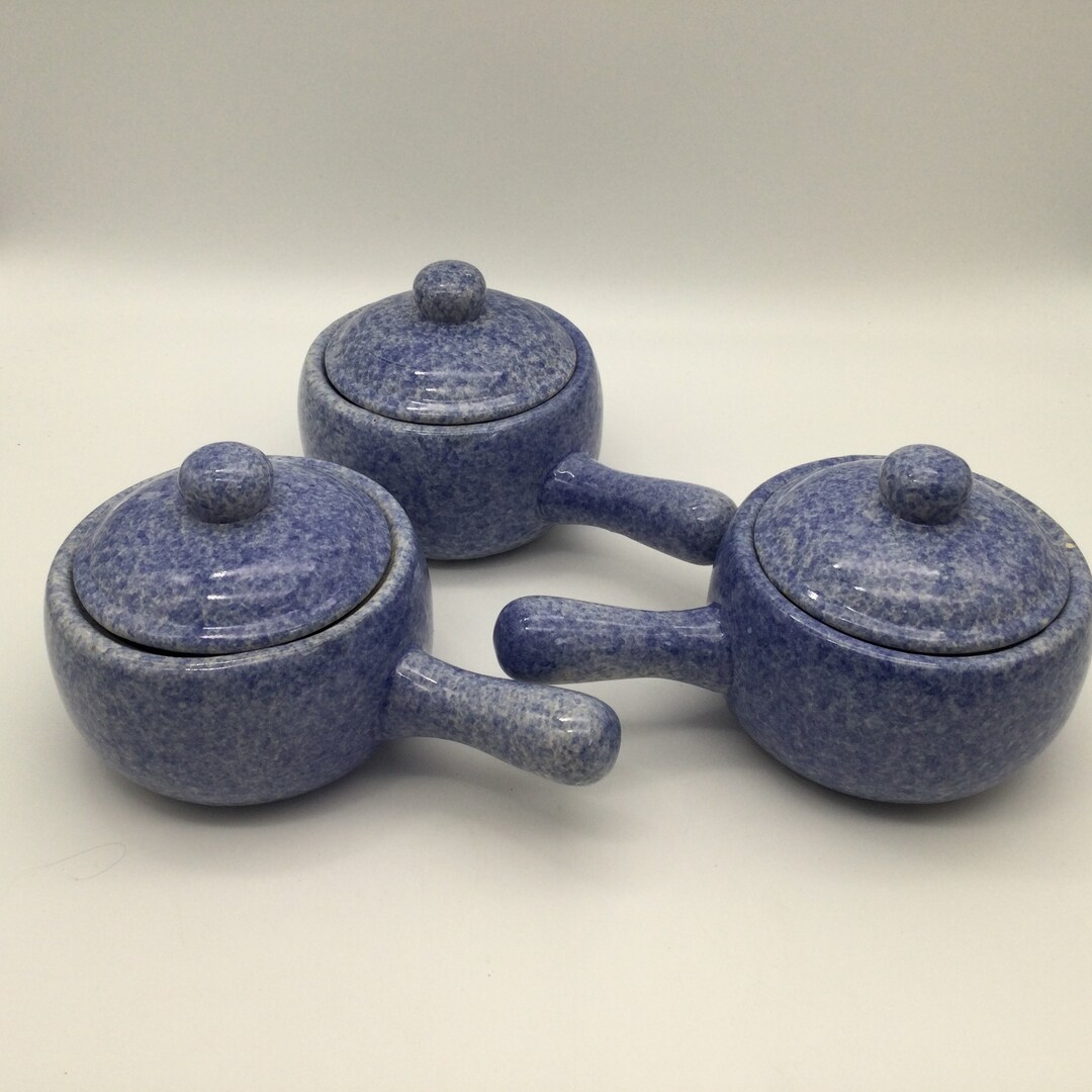 Vintage Blue Spatterware Set of 3 Covered Handled Soup Crocks / Blue ...