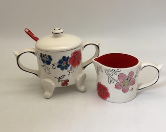 Molly Hatch for Anthropologie Creamer & Sugar Bowl Set: Hand-Painted Floral Folk Art