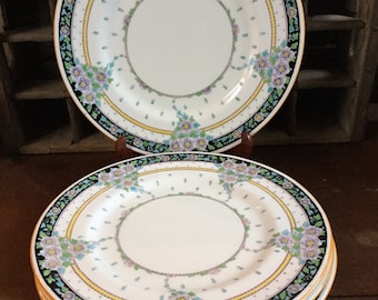 Antique Royal Doulton Hand Painted Art Deco Dinner Plates / Set of 4 / Purple Flowers / 1922