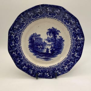 Antique 1840s Thomas Furnival & Co. “Tivoli” Blue Transferware Plate – Romantic Landscape – Staffordshire Ironstone 10.25”