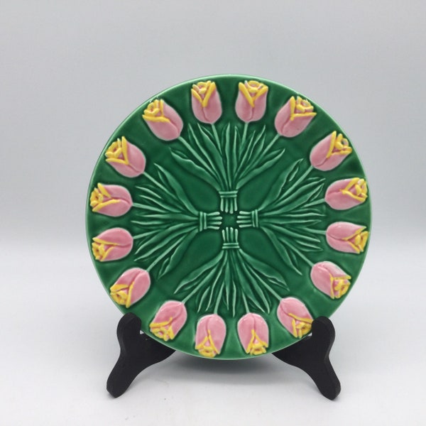 Vintage Albert Kessler Pink and Green Tulip Majolica Style Display Plate / Japan