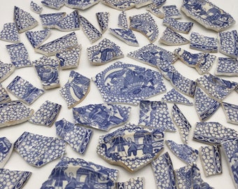 65 Pieces Broken Pottery Pieces / W. Adams Chinese Bird / Blue and White Asiatic Birds and Oriental Scenes / 1913+ / Staffordshire