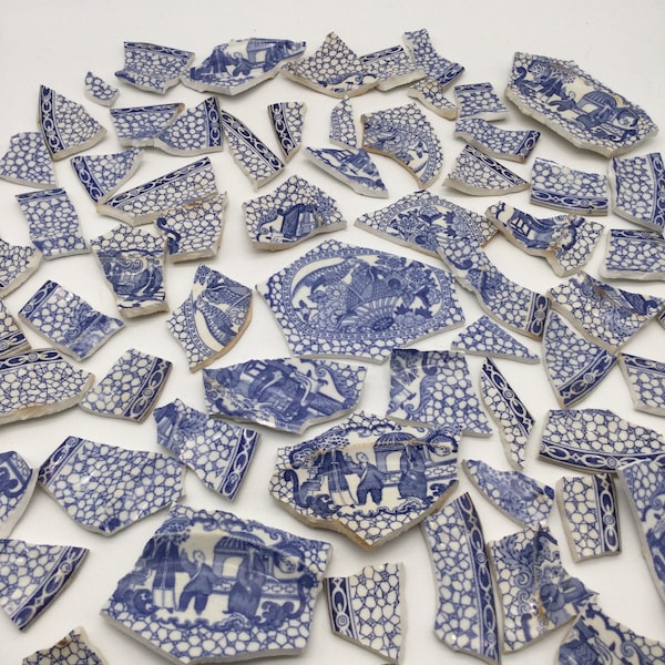 65 Pieces Broken Pottery Pieces / W. Adams Chinese Bird / Blue and White Asiatic Birds and Oriental Scenes / 1913+ / Staffordshire