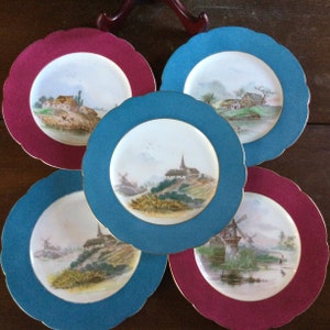 Antique European Handpainted Porcelain Set of 5 Dessert Plates / Coastal Scenes / Fuschia & Turquoise Borders