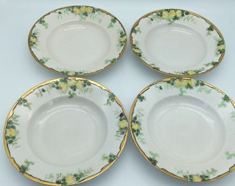 Antique Hutschenreuther Bavaria Soup Bowls Set of 4 Hand Painted Yellow Roses Gold Gilt
