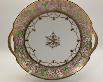 Antique Hand Painted Roses Handled Plate With Gold Trims and