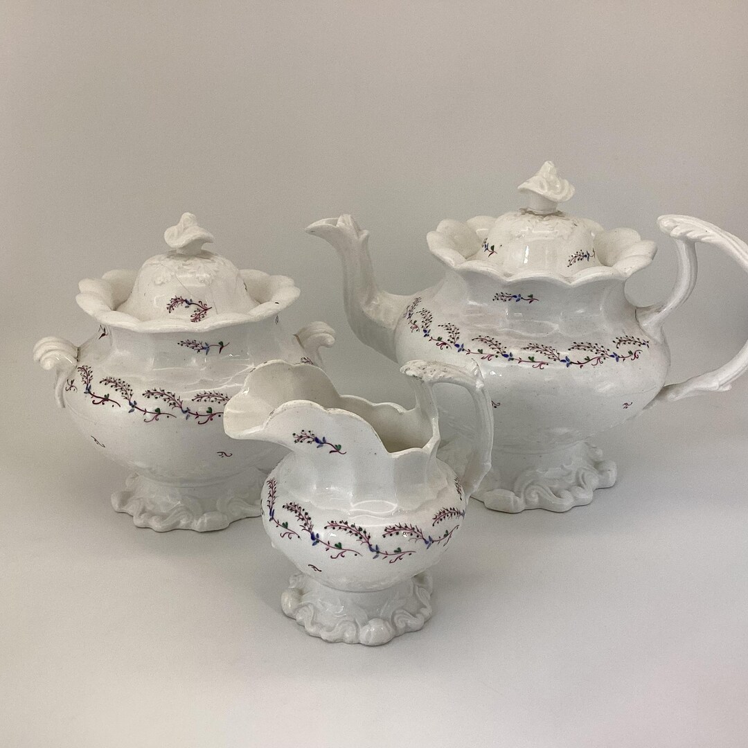 Pu Strathpine Tea Set Antique Staffordshire Tea Set: Hand-painted Vine Sprigs, Rococo Revival ...