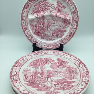 Set of 3 Restaurant China Divided Grill Plates / Red / Pink Transferware / Hunting Scene / Japan