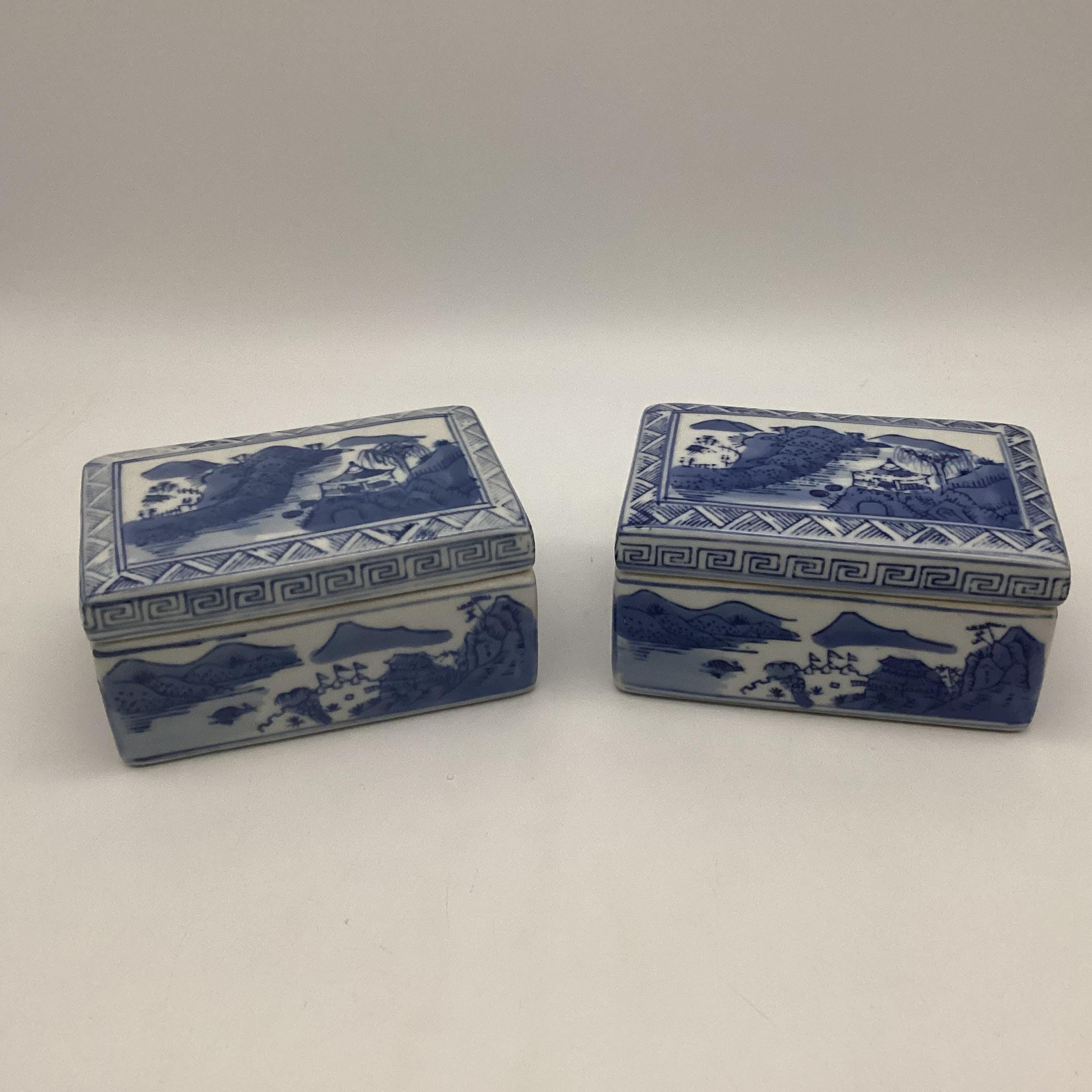 Vintage Chinese Blue and White Porcelain Landscape Scene Lidded Box /Pagoda on a Mountain / 2 Available