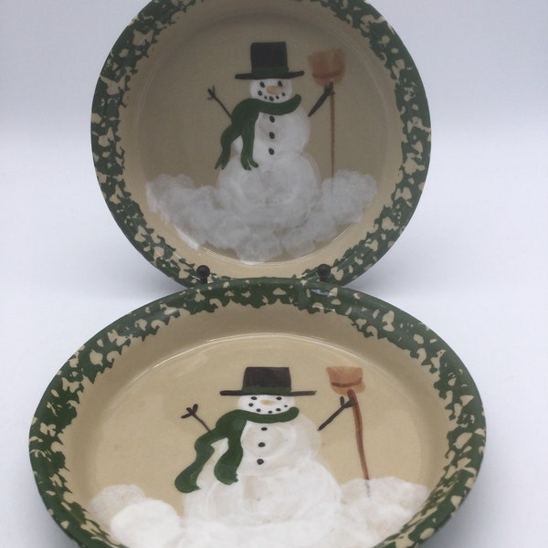 Vintage Alpine Pottery Roseville Ohio Pair of Green Spongeware Snowmen Bowls / 1997