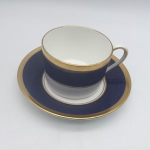 Vintage Coalport Athlone Blue Bone China Flat Cup and Saucer  / England / Blue and Gold / 1970-1993
