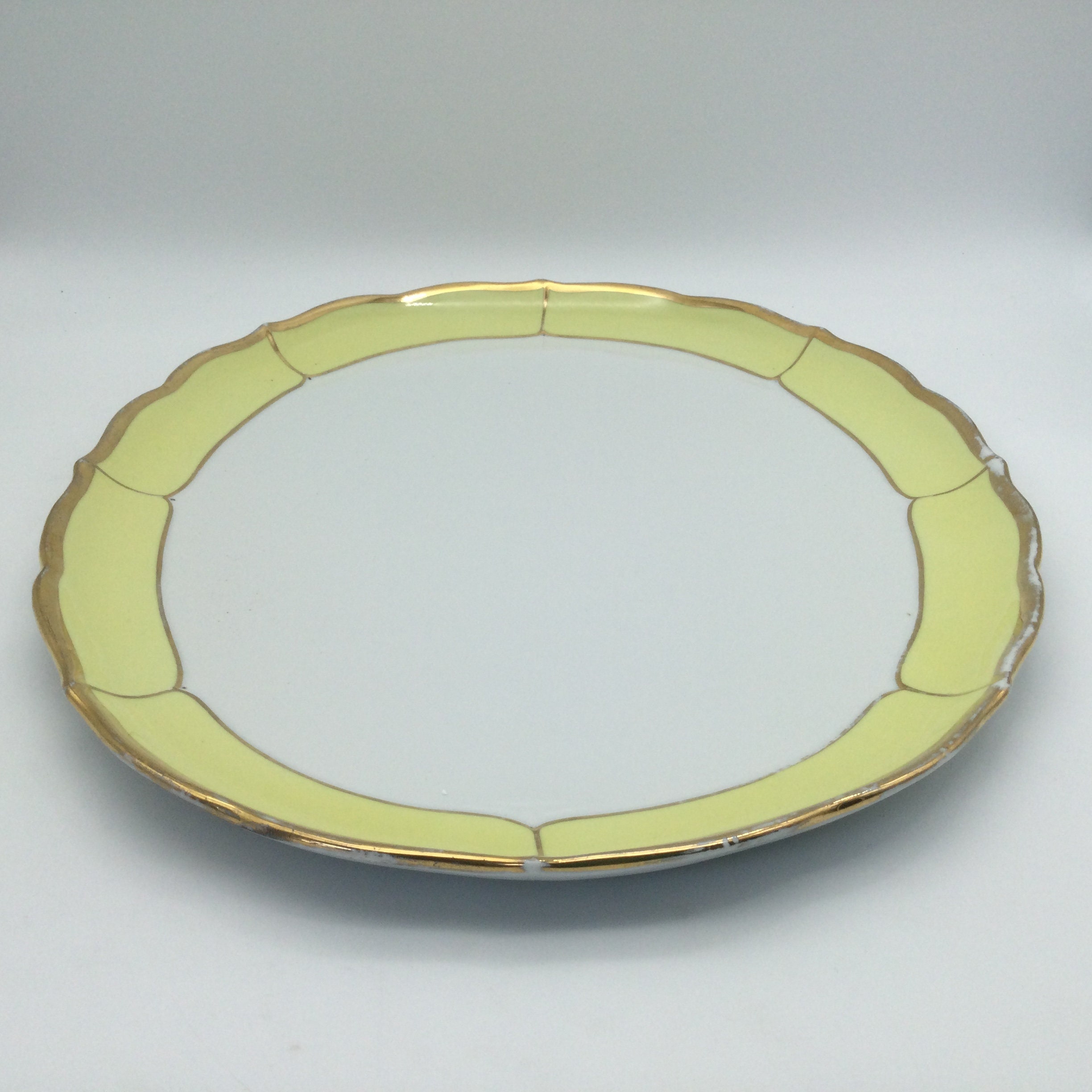 Antique European Porcelain Platter Yellow Gold Rim Oval Serving