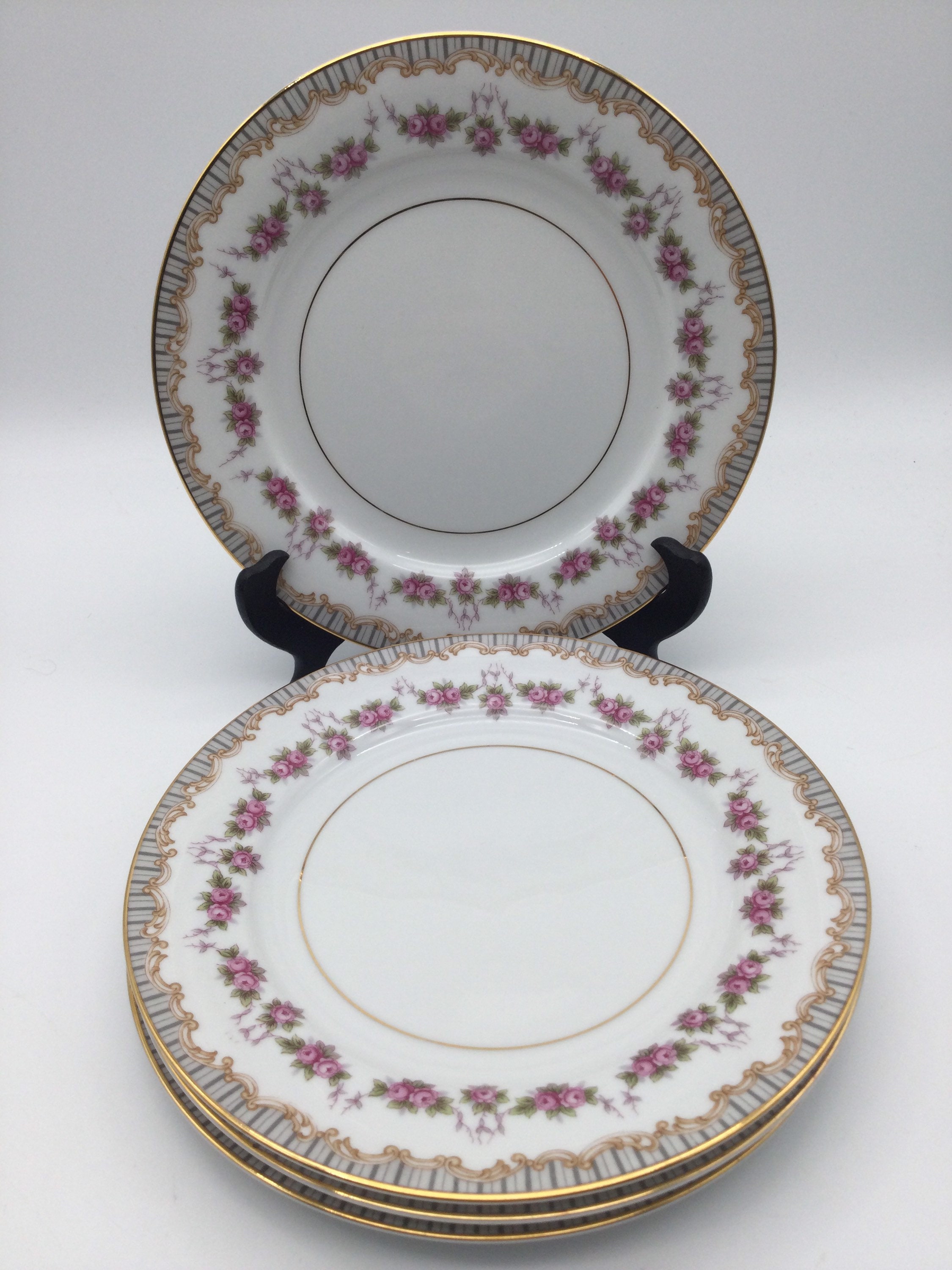 Noritake Ridgewood 5201 Salad Plates Set of 4 Pink Rose Swags Gold
