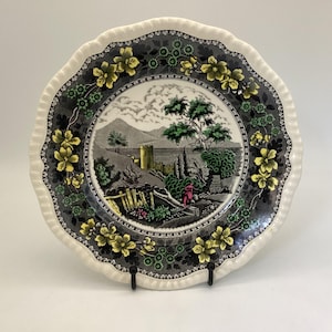 1928 Copeland Spode Plate – On the Mawddach – Wales – 9.25” Black Transferware w/ Hand-Tinted Color
