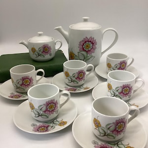 Vintage Richard Ginori Demitasse Set – 16 Pc Mid Century Italian Porcelain with Floral Design – Coffee Pot, Creamer, 6 Cups & Saucers