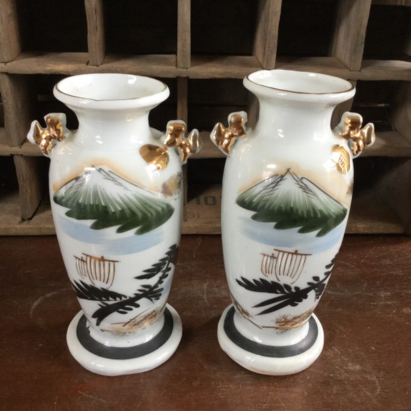 Pair of Japanese Double Handled Landscape Vases / Urns / Rising Sun / Handpainted