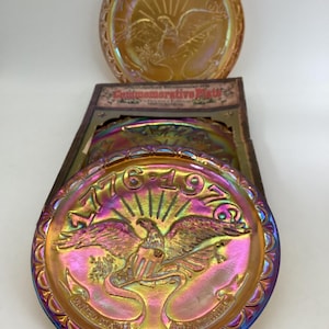 Set of 3 Indiana Glass Gold Carnival Glass Bicentennial Plates – 1776-1976 American Eagle – One with Original Box