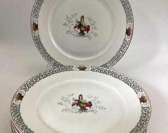 Vintage Krautheim Selb Bavaria Dinner Plates: Hand-Painted Floral Basket, Set of 6