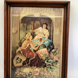 Cartel publicitario enmarcado de la cervecería Rochester de época, década de 1970