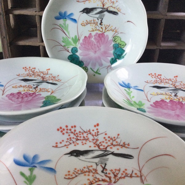 Rare Vintage Hand Painted Celadon Shallow Noodle Bowl / Flowers with Blackbird in Cherry Tree / Luo Sen Restaurant ware