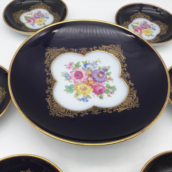 Echt C M Hutschenreuther Kobalt Small Dessert Set / 1 Large & 6 