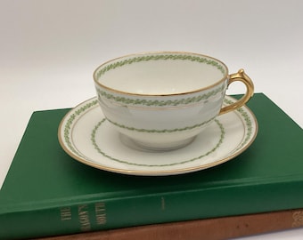 Haviland Limoges Castiglione Teacup and Saucer – Single Set – Green Laurel & Gold – c.1900–1920