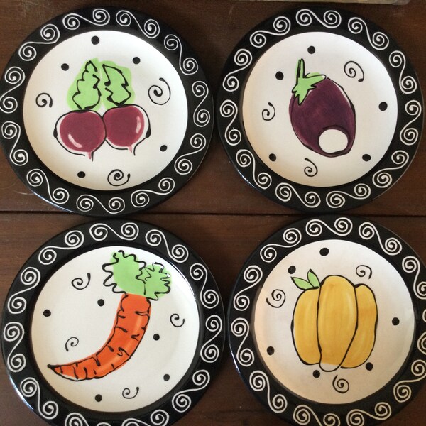 Joanne Delomba Whimsical Art Pottery / Set of 4 Dinner / Cabinet Plates / Fruit Design / With Love Joanne