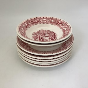 Vintage Royal Ironstone Red Transferware Bowls & Saucers - Memory Lane Acorn Design