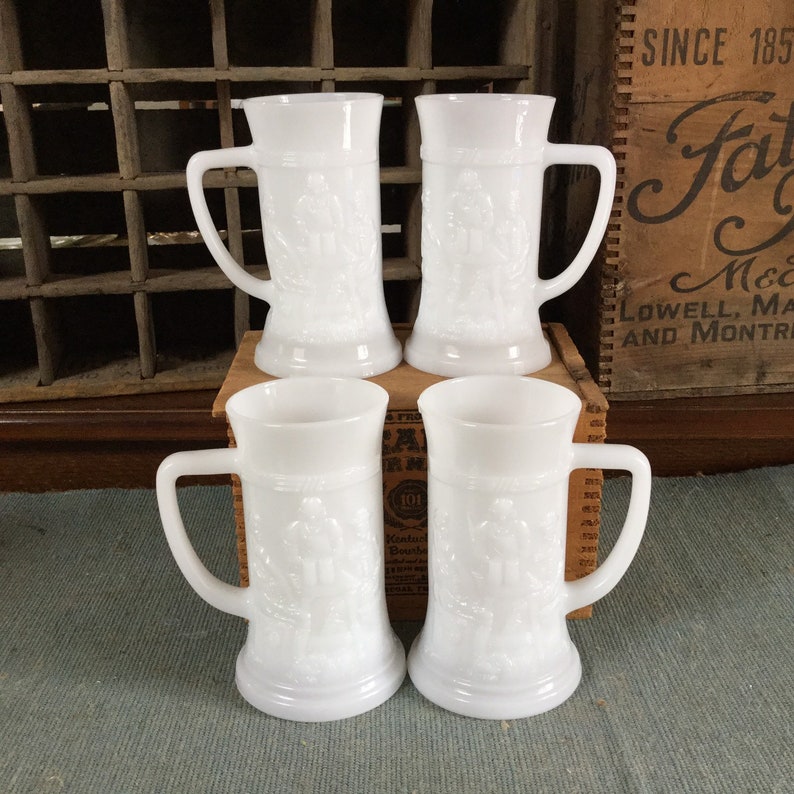 Vintage Set of 4 Milk Glass Beer Steins / Tavern Scene Etsy