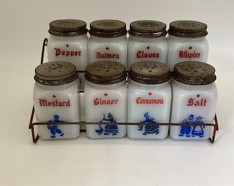 Vintage Milk Glass Spice Rack Set: Dove Brand, Dutch Design, 1930s-50s Kitchen