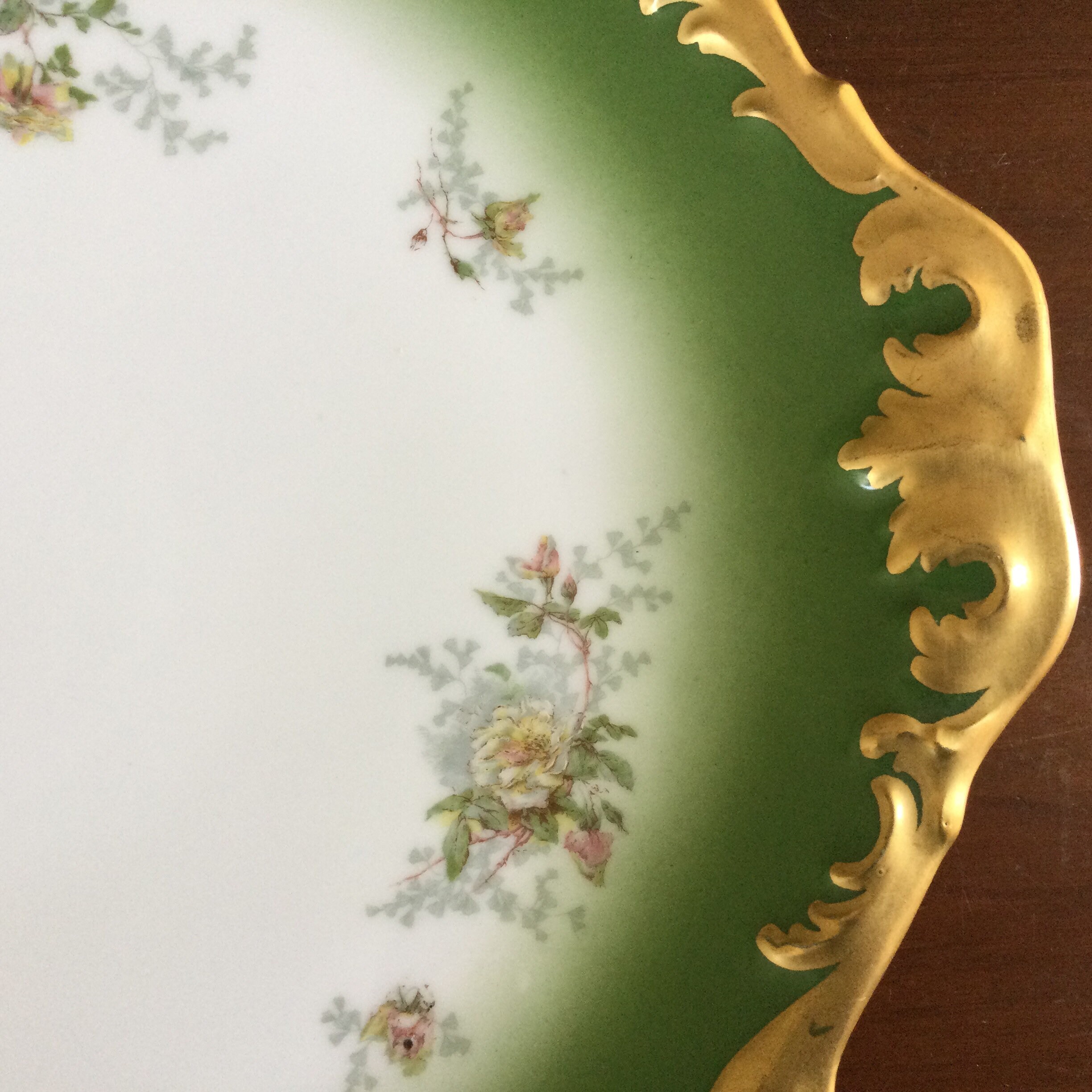Antique Limoges Serving Tray: Green Gold Gilt Rococo Wild Roses