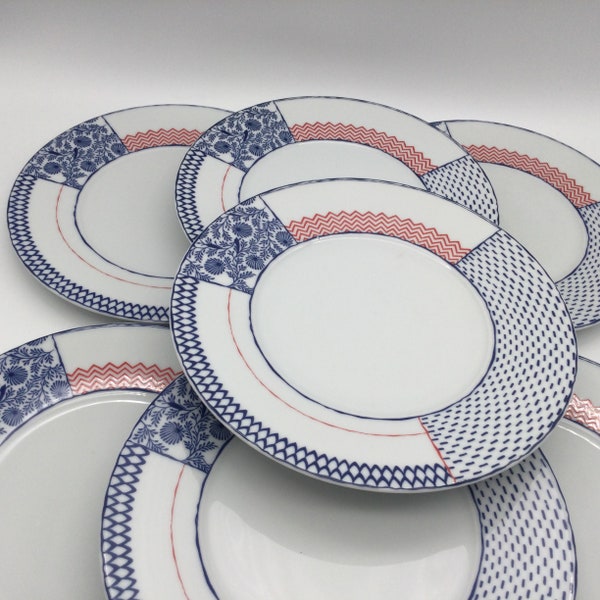 Vintage Set of 4 Salad / Luncheon Plates Spal Porcelenas Paradoxo / Portugal/ Red White & Blue Geometric