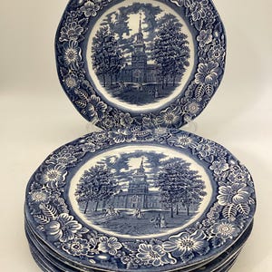 Liberty Blue Set of 7 Dinner Plates / Historic Colonial Scenes  / Independence Hall   /  England / Ironstone Blue Transferware