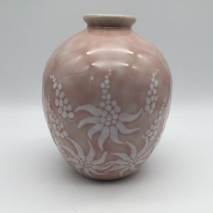Camille Tharaud Limoges Vase, Pink & White Relief Porcelain, French Art Pottery