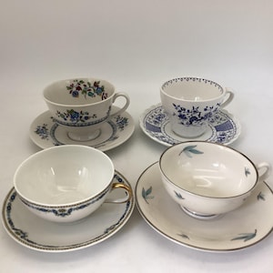 Mismatched Blue China Tea Cups & Saucers - Vintage Tea Party Set