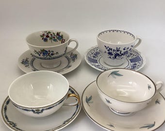 Mismatched Blue China Tea Cups & Saucers - Vintage Tea Party Set
