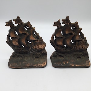 Vintage Clipper Ship Bookends / Cast Iron Patinaed Copper Finish