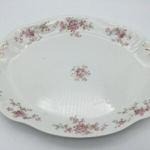 May include: White oval serving platter with a gold rim and pink floral design. The platter has two handles on the sides.