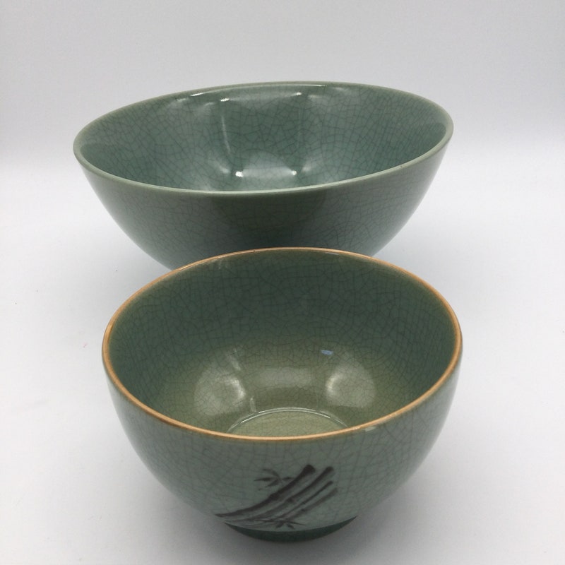 Celadon Rice Bowl With Engraved Lotus Leaf | 4.5 Inch Porcelain Bowl | Lead-Free, Microwave & Dishwasher Safe - View #2